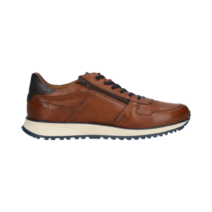 Brown leather sneaker with black accents on a white background