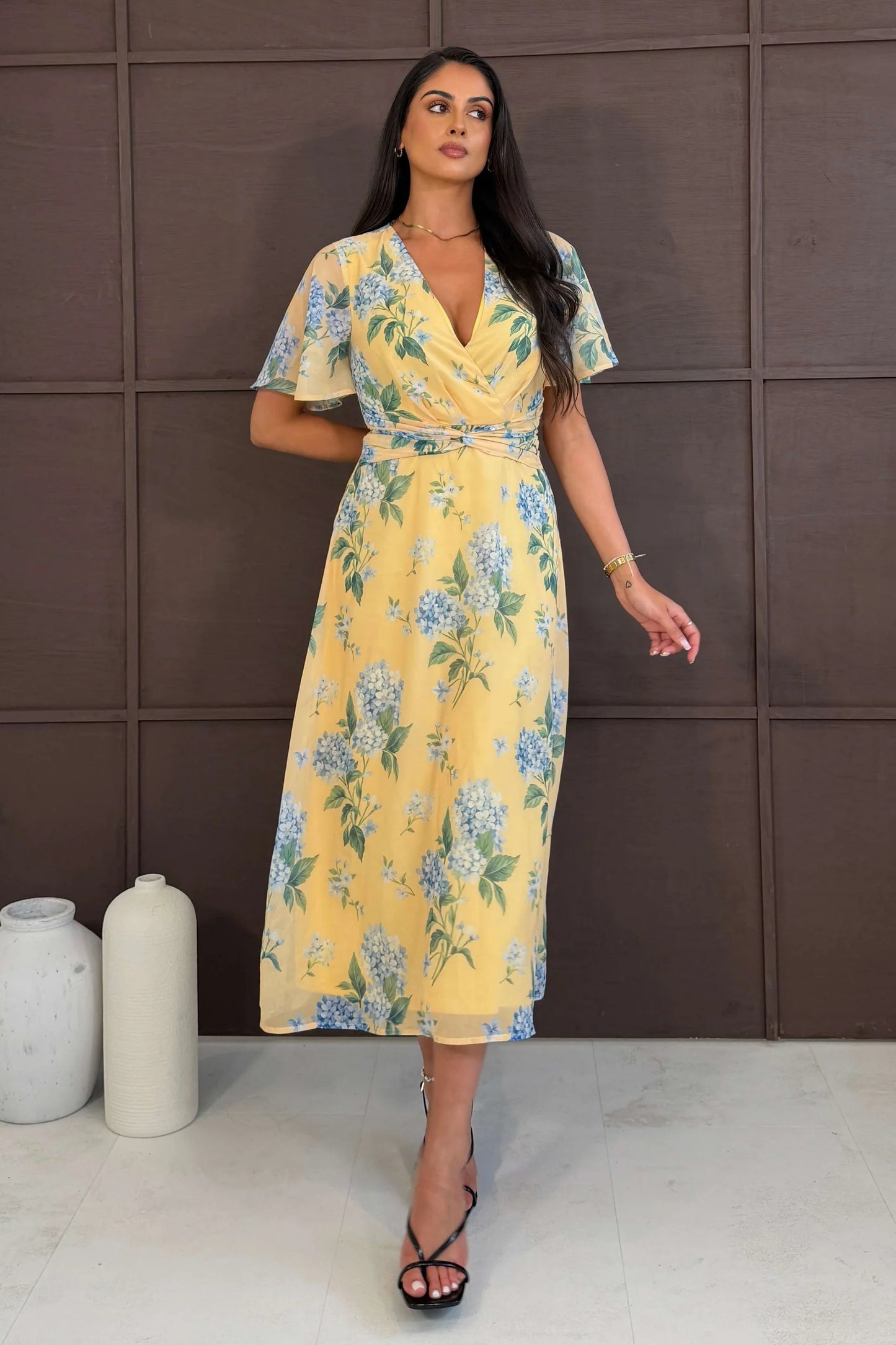 Girl In Mind Daisy Wrap Neck Twist Detail Midi Dress - Yellow