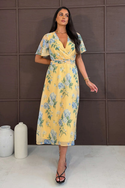 Girl In Mind Daisy Wrap Neck Twist Detail Midi Dress - Yellow
