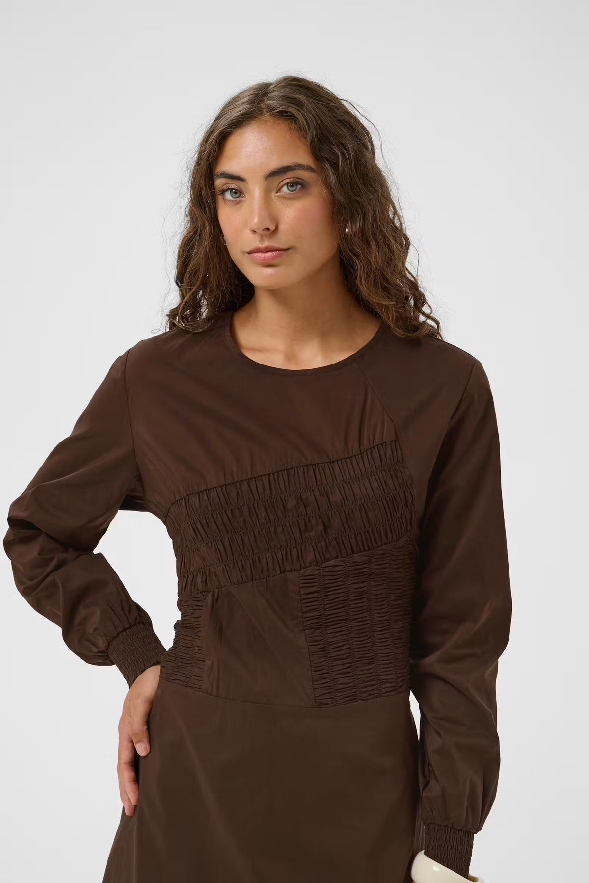 A woman modeling a dark brown long-sleeve dress with a smocked bodice detail, photographed against a light gray studio background.