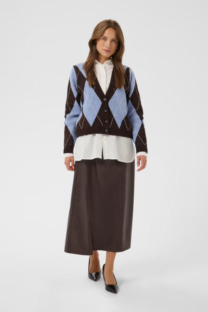 A woman models a brown and light blue argyle cardigan over a white collared shirt and a dark brown midi skirt, paired with black pointed-toe heels, against a light gray studio background.