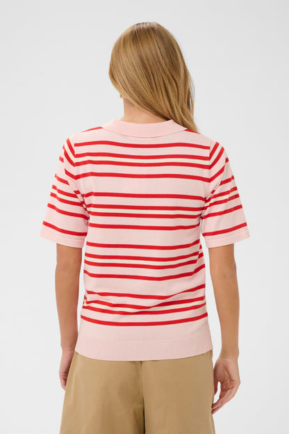 Person wearing a red and white striped shirt on a plain background