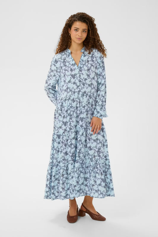 Woman wearing a blue floral dress on a white background