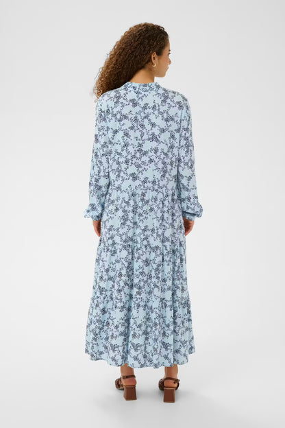 Woman wearing a blue floral dress on a white background