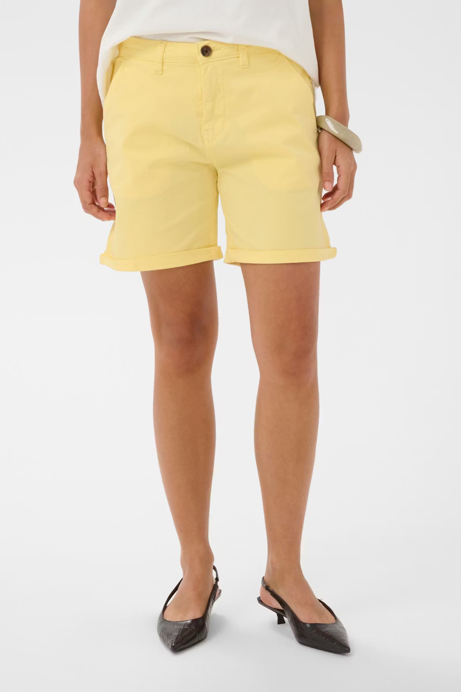 Person wearing yellow shorts on a white background