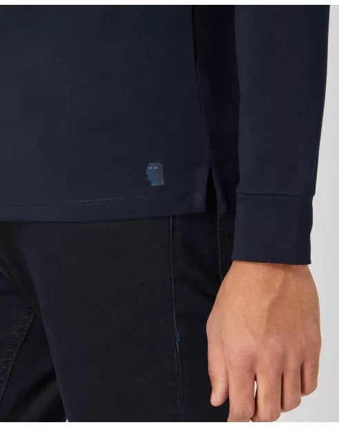 Navy long-sleeve shirt with a small logo on a white background