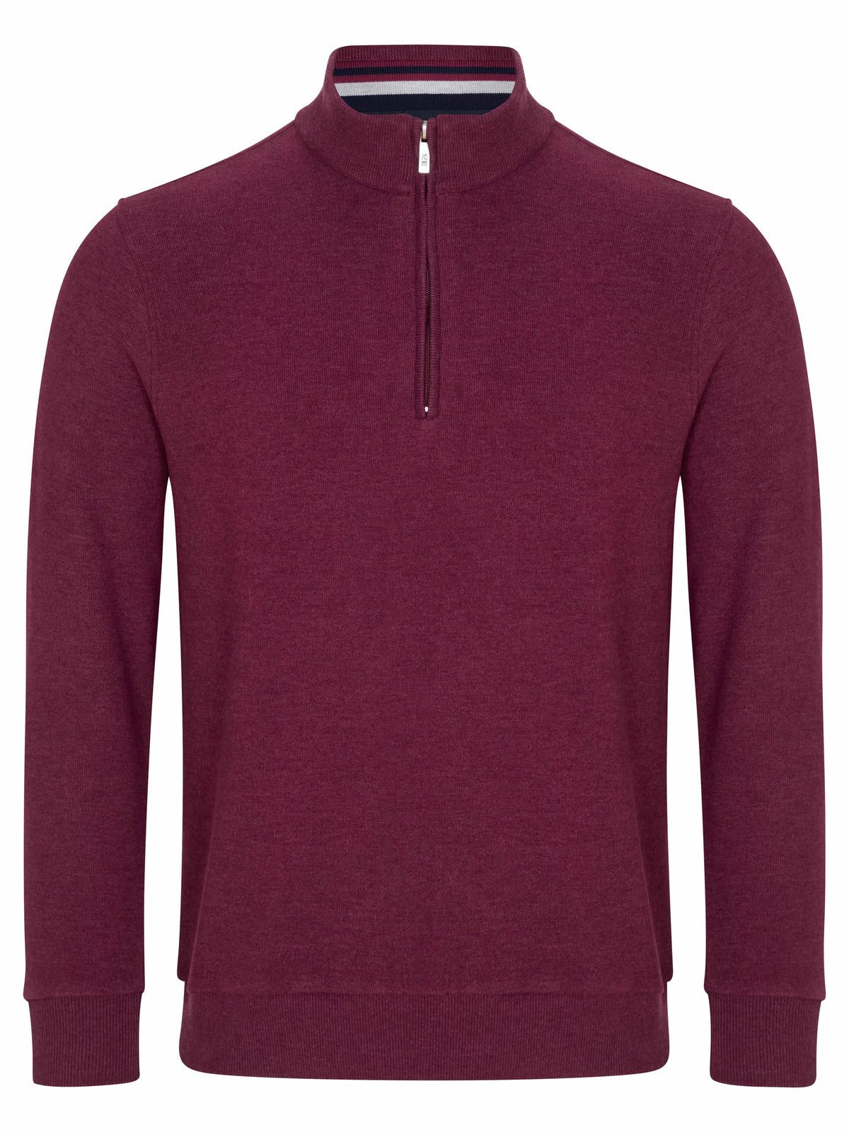 A men's heathered burgundy quarter-zip pullover sweater with a mock neck collar, shown on a plain white background.
