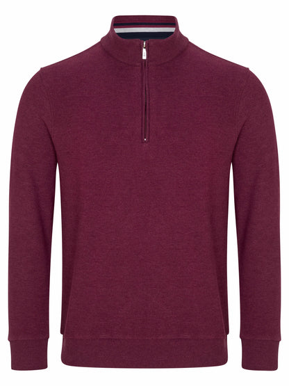 A men's heathered burgundy quarter-zip pullover sweater with a mock neck collar, shown on a plain white background.