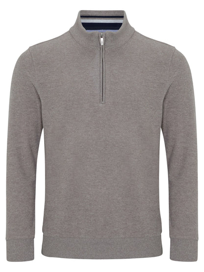 A men's heather gray quarter-zip pullover sweater with a mock neck collar, shown on a plain white background.