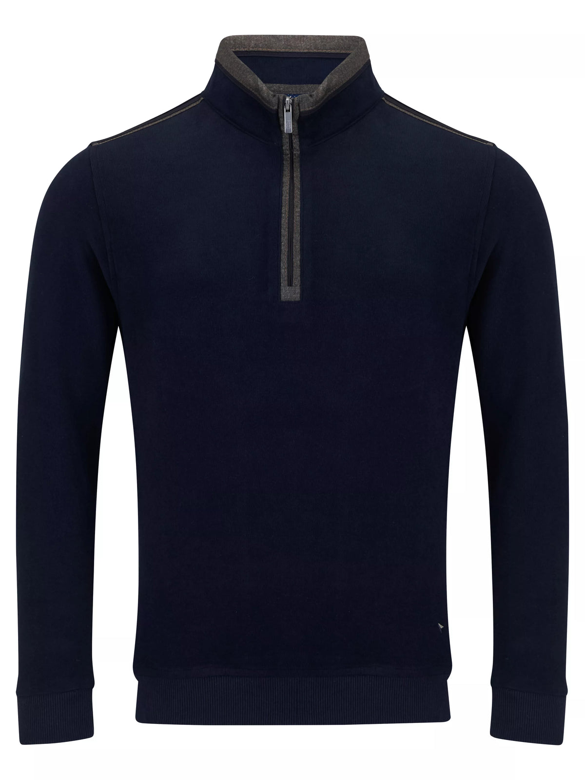 A men's long-sleeve quarter-zip pullover sweater in dark navy blue, featuring a stand-up collar with a contrasting dark gray inner lining and zipper trim.