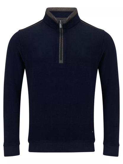 A men's long-sleeve quarter-zip pullover sweater in dark navy blue, featuring a stand-up collar with a contrasting dark gray inner lining and zipper trim.