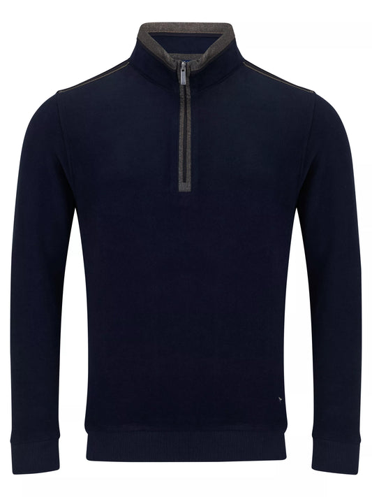 A men's long-sleeve quarter-zip pullover sweater in dark navy blue, featuring a stand-up collar with a contrasting dark gray inner lining and zipper trim.