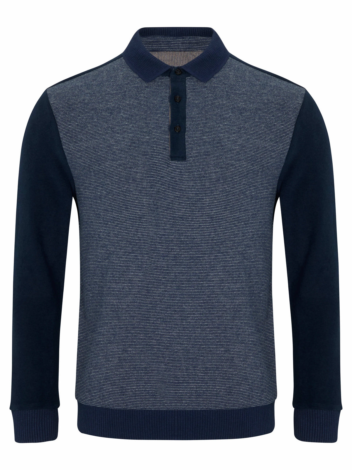 A men's long-sleeve polo sweater with a heathered slate blue body and solid navy blue collar, sleeves, and ribbed trim, shown on a plain white background.
