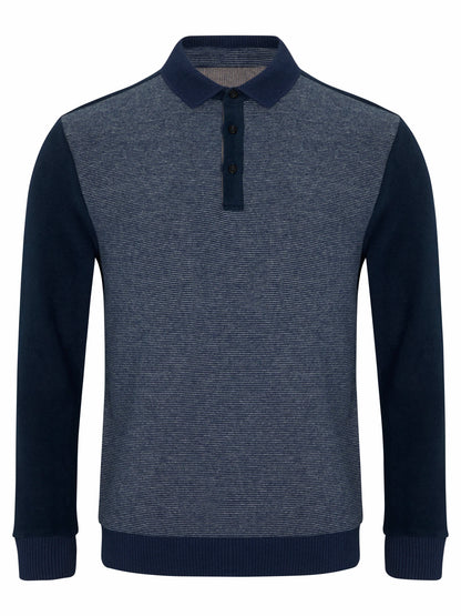 A men's long-sleeve polo sweater with a heathered slate blue body and solid navy blue collar, sleeves, and ribbed trim, shown on a plain white background.