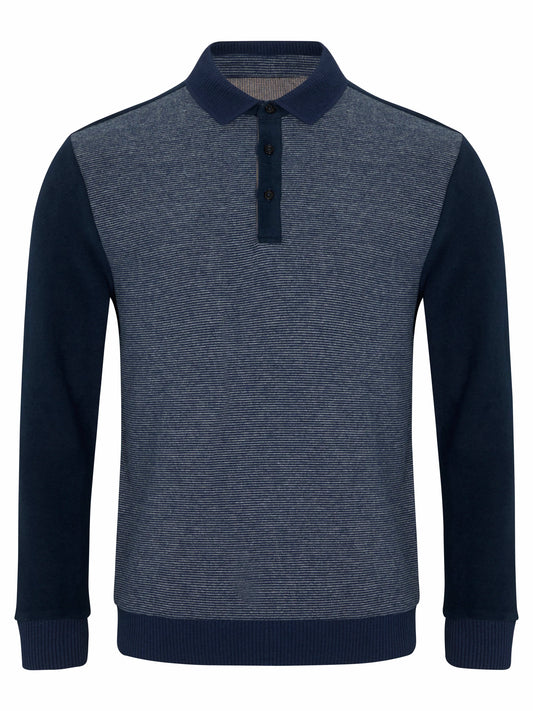 A men's long-sleeve polo sweater with a heathered slate blue body and solid navy blue collar, sleeves, and ribbed trim, shown on a plain white background.