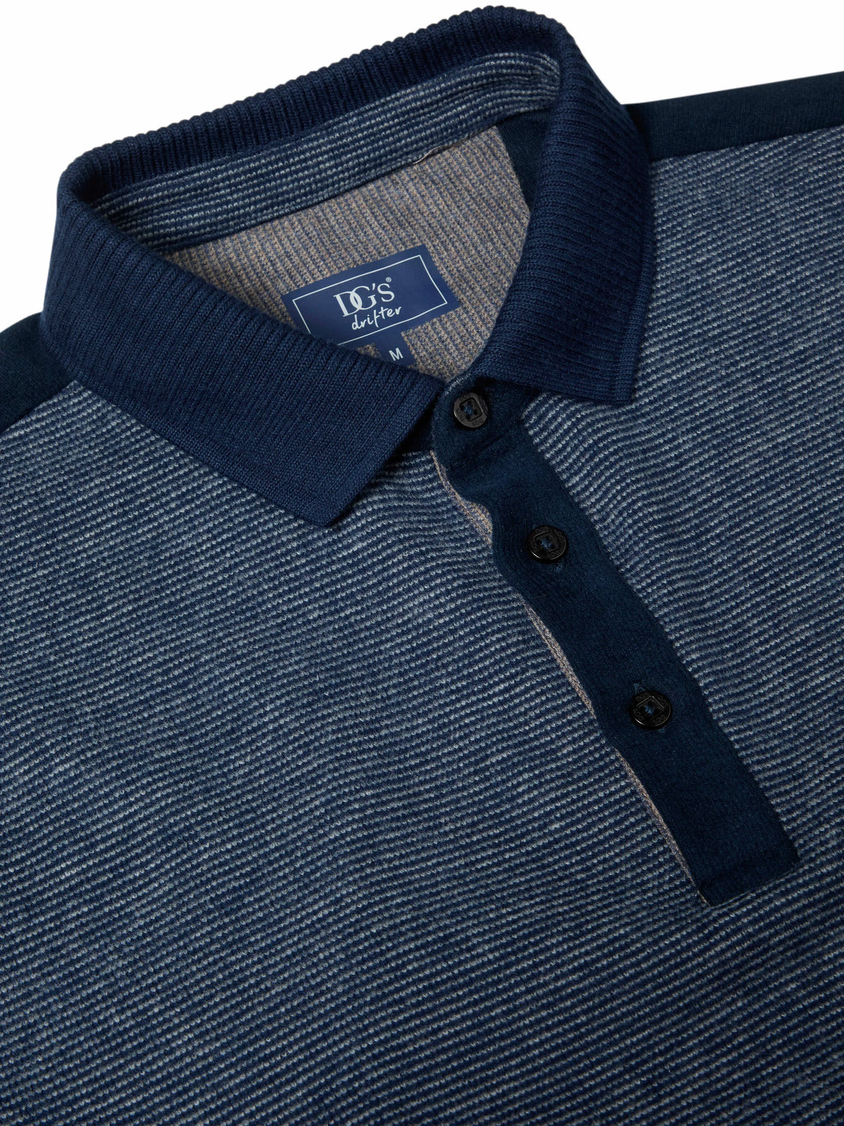 Close-up of a navy blue polo shirt with a textured heathered knit body, solid navy collar and placket, and a visible BO'S brand label inside the collar.