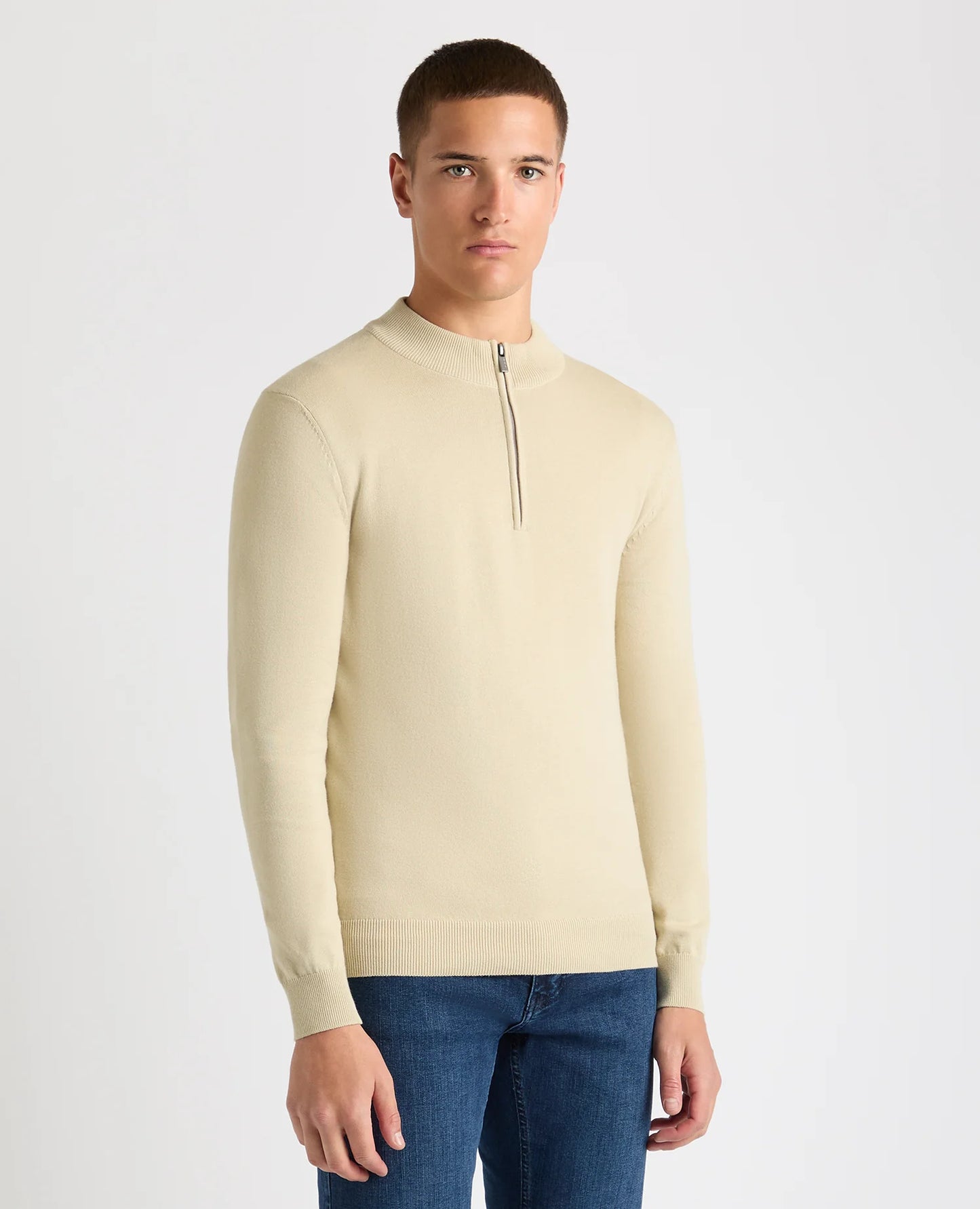 Remus Uomo Long Sleeve Crew Neck  1/4 Zip Sweater - Stone