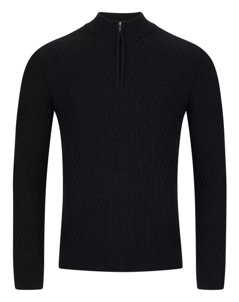 Black long-sleeve shirt with a quarter zip on a white background