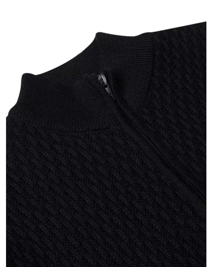 Close-up of a black sweater with a zipper on a white background