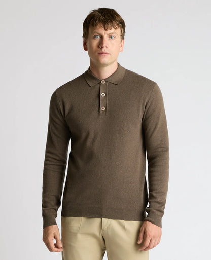 Remus Uomo Long Sleeve Button Polo Sweater - Brown