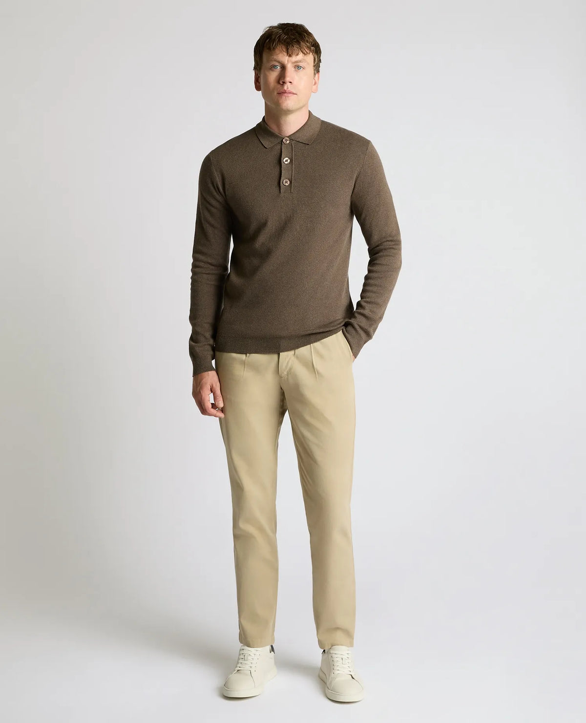 Remus Uomo Long Sleeve Button Polo Sweater - Brown
