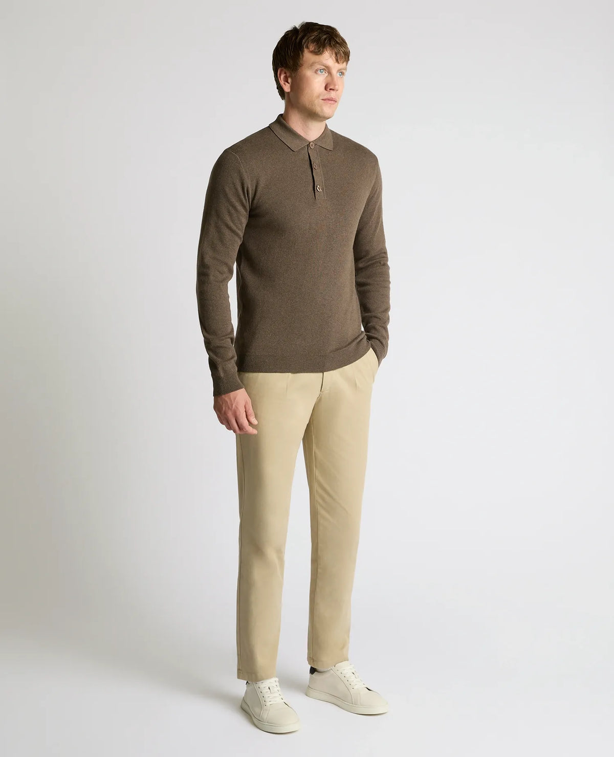 Remus Uomo Long Sleeve Button Polo Sweater - Brown