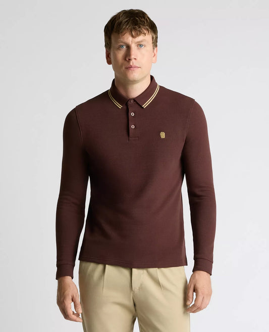 Remus Uomo Long Sleeve Pique Polo Shirt - Brown
