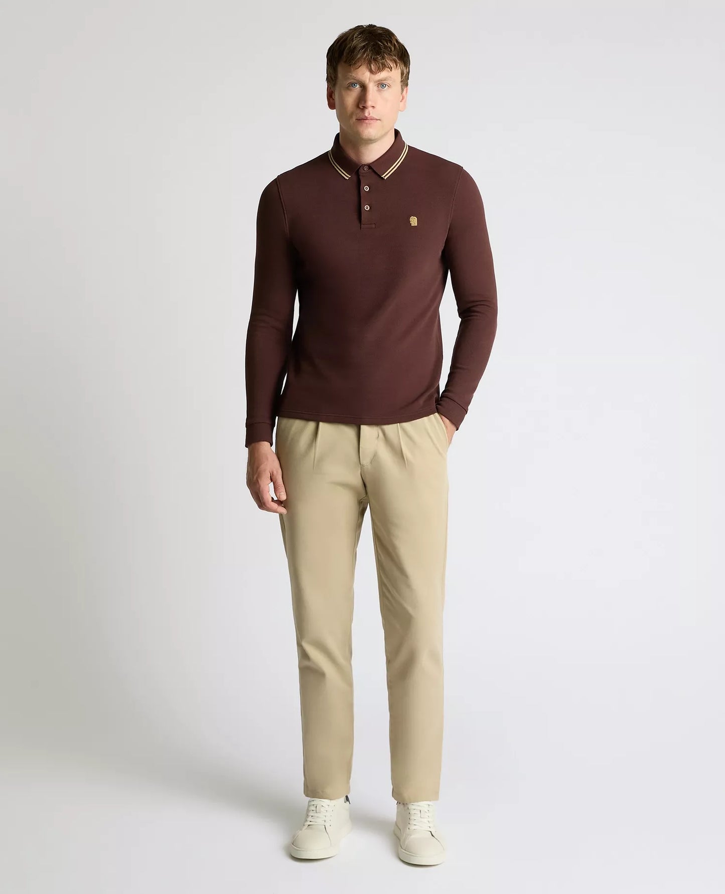 Remus Uomo Long Sleeve Pique Polo Shirt - Brown