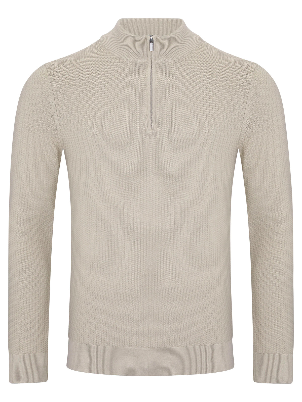 A light beige ribbed knit quarter-zip sweater with a mock neck collar, shown on a plain white background.