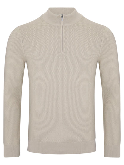 A light beige ribbed knit quarter-zip sweater with a mock neck collar, shown on a plain white background.