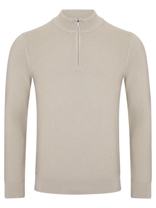 A light beige ribbed knit quarter-zip sweater with a mock neck collar, shown on a plain white background.