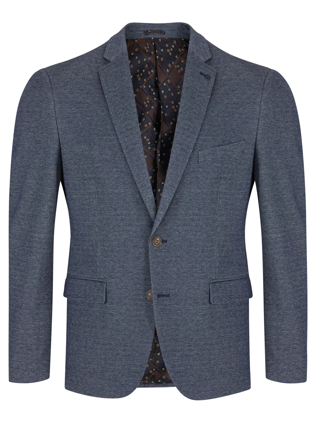 A men's single-breasted blazer in a heathered slate blue fabric, featuring notch lapels, two front buttons, and flap pockets, shown against a plain white background.