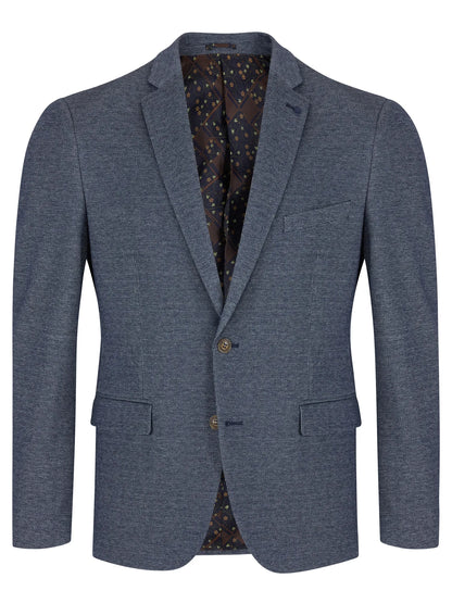 A men's single-breasted blazer in a heathered slate blue fabric, featuring notch lapels, two front buttons, and flap pockets, shown against a plain white background.