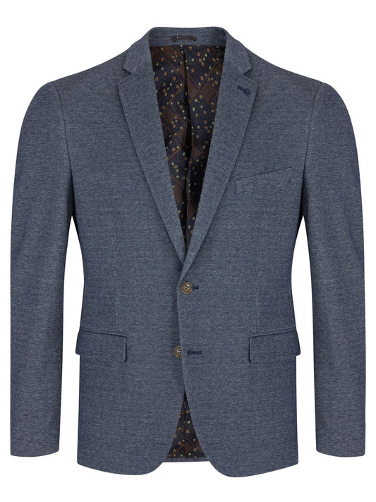A men's single-breasted blazer in a heathered slate blue fabric, featuring notch lapels, two front buttons, and flap pockets, shown against a plain white background.