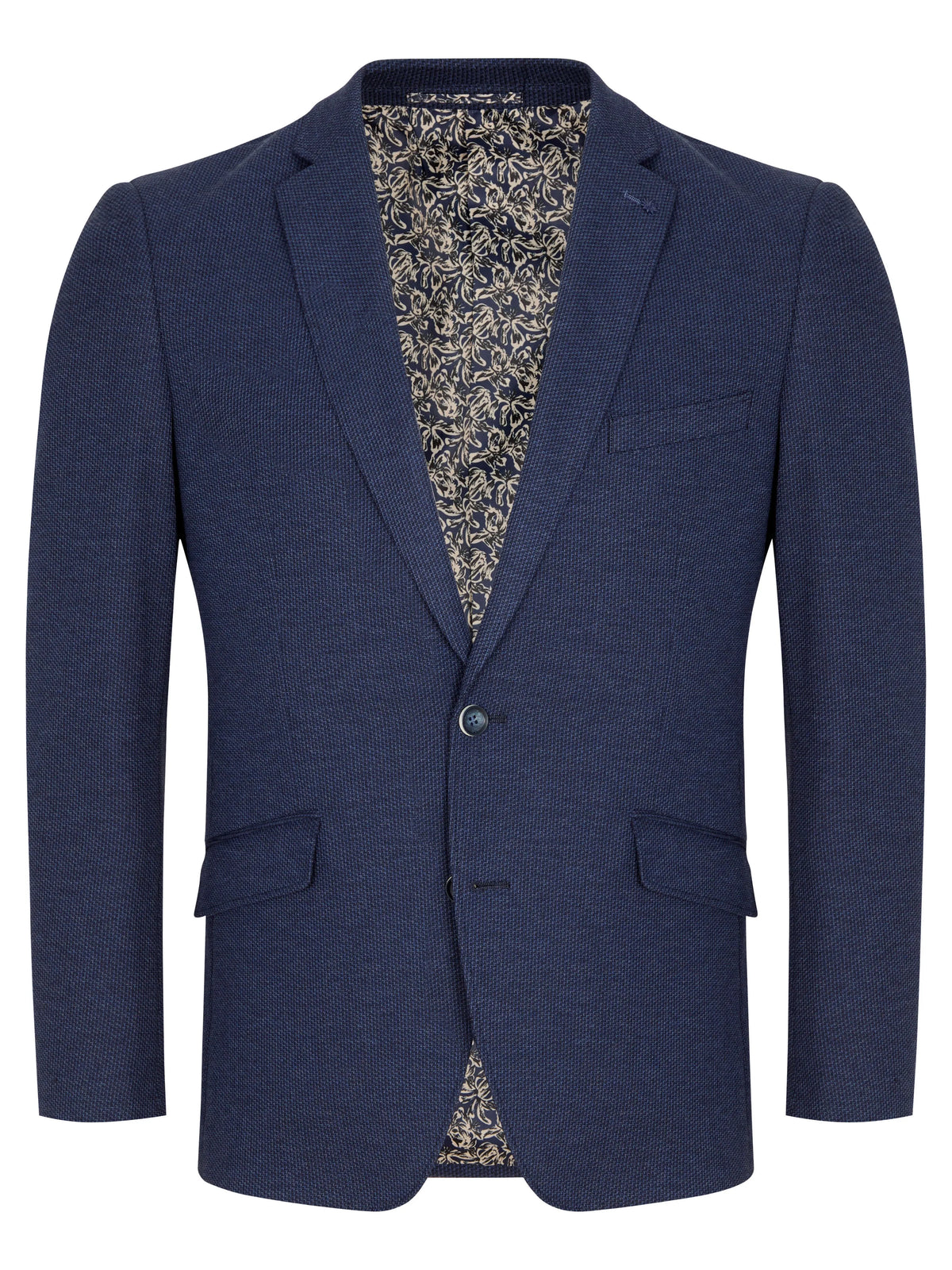 A men's navy blue blazer with a subtle textured weave, featuring notch lapels, a two-button front closure, and flap pockets, shown against a plain white background.