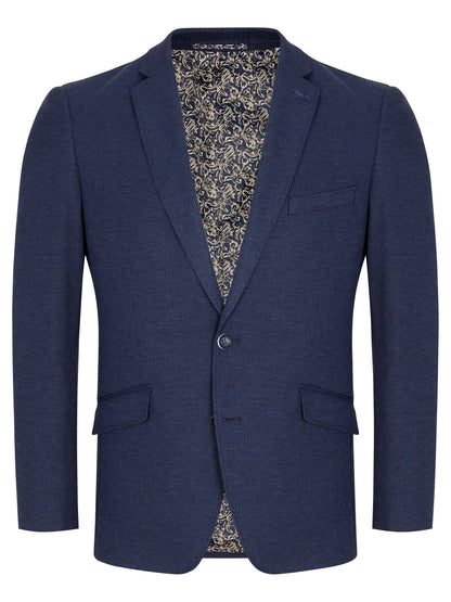 A men's navy blue blazer with a subtle textured weave, featuring notch lapels, a two-button front closure, and flap pockets, shown against a plain white background.