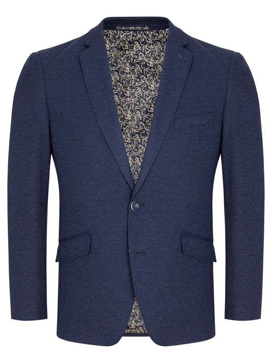 A men's navy blue blazer with a subtle textured weave, featuring notch lapels, a two-button front closure, and flap pockets, shown against a plain white background.