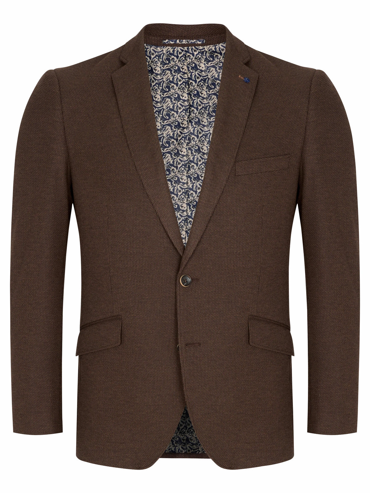 A men's brown blazer jacket with notch lapels, a single button closure, and flap pockets, shown against a plain white background. The interior lining features a blue and white floral pattern.