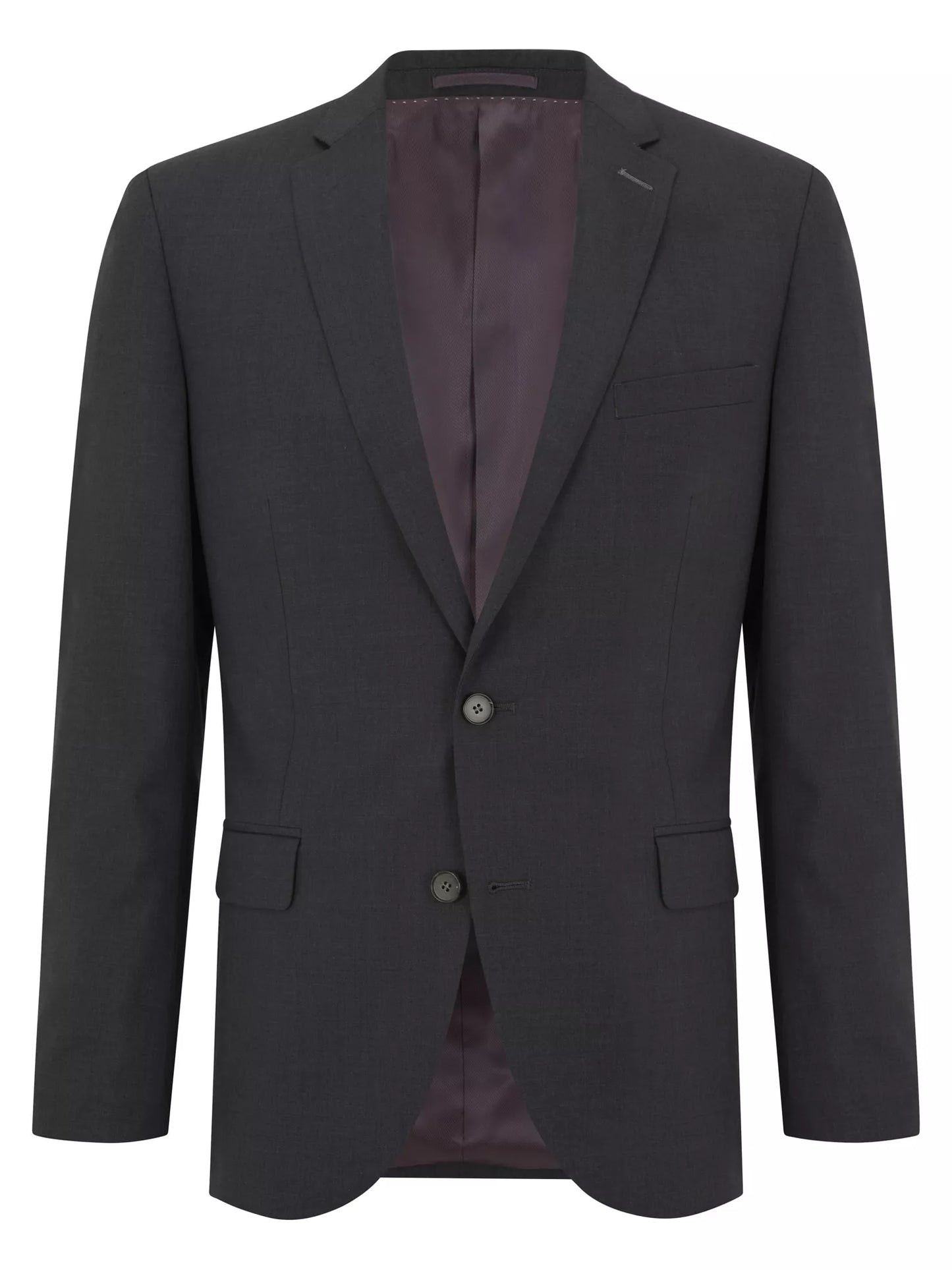 A dark charcoal gray suit jacket with a deep plum-colored satin inner lining, displayed on a clean white background.