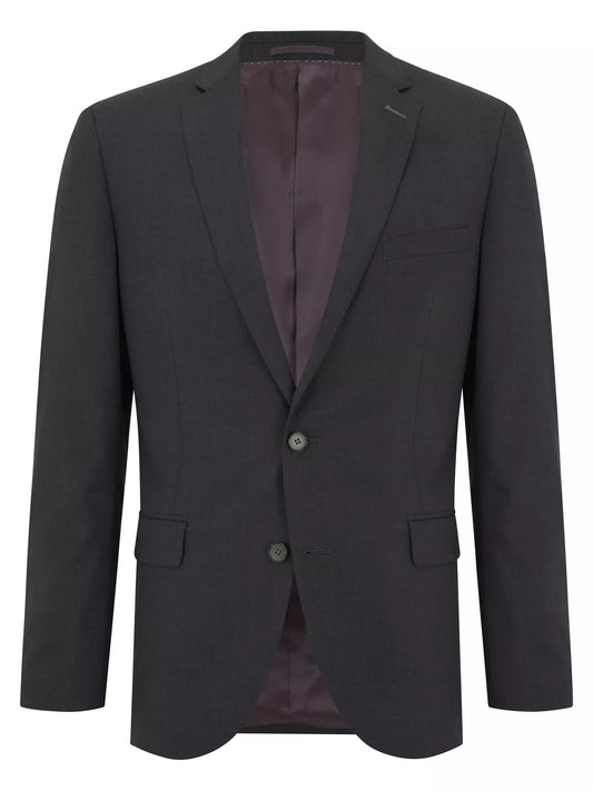 A dark charcoal gray suit jacket with a deep plum-colored satin inner lining, displayed on a clean white background.