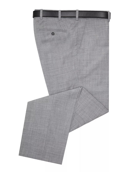 Gray checkered dress pants with a black belt on a white background