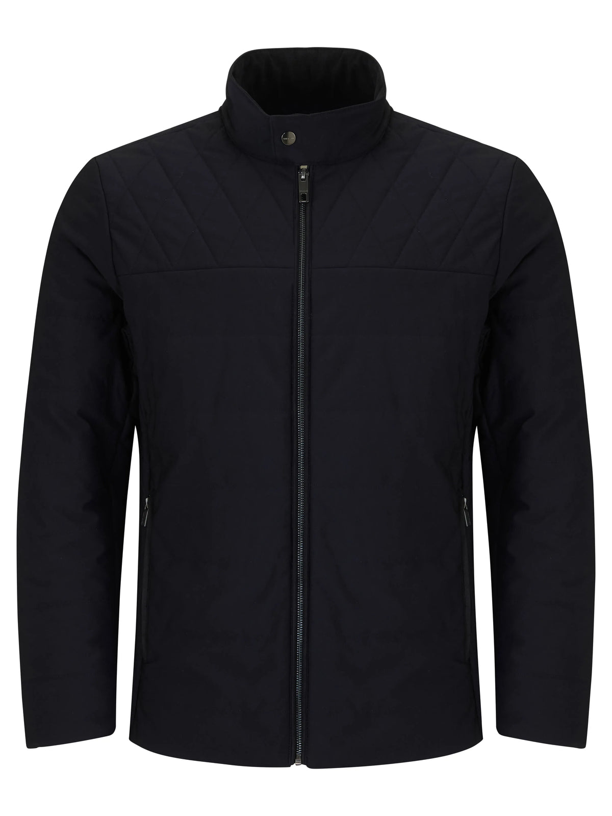 A quilted jacket with a stand-up collar and front zipper, shown on a plain white background.