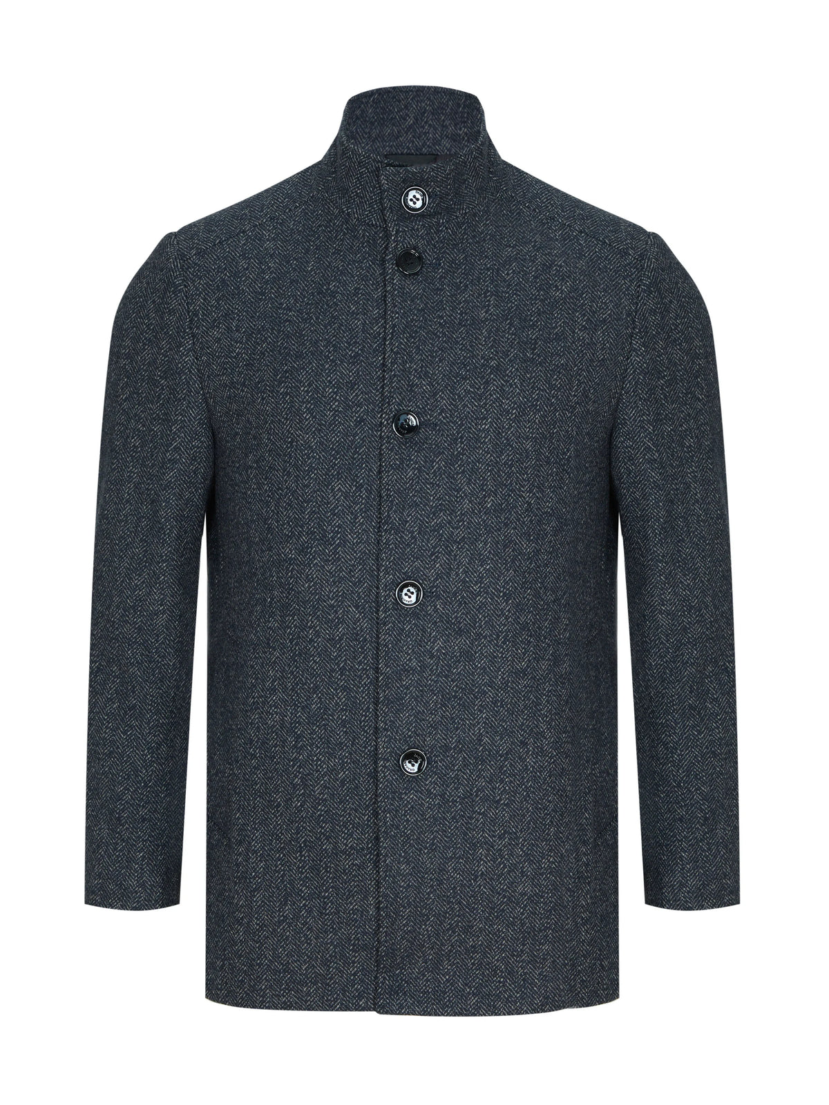 A dark charcoal gray textured wool jacket with a high stand-up collar and front button closure, displayed on a clean white background.