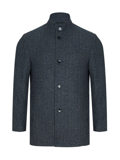 A dark charcoal gray textured wool jacket with a high stand-up collar and front button closure, displayed on a clean white background.
