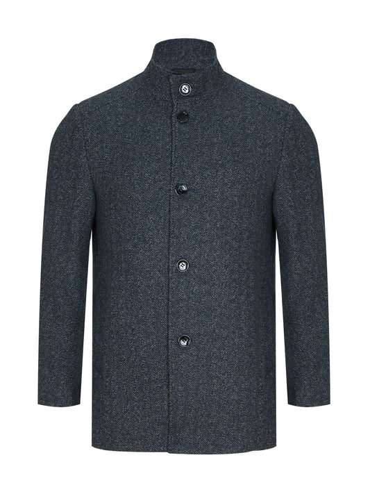 A dark charcoal gray textured wool jacket with a high stand-up collar and front button closure, displayed on a clean white background.