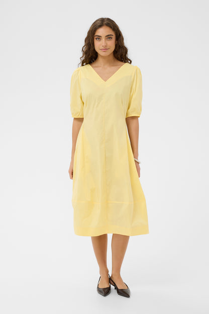 Woman wearing a yellow dress on a white background