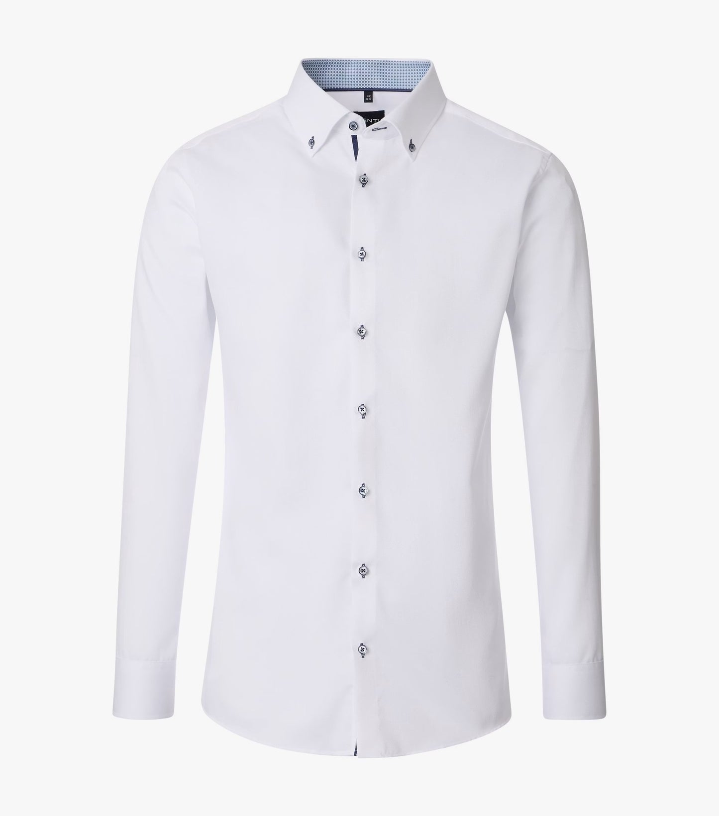 A white long-sleeve button-down dress shirt with a pointed collar and decorative silver-tone buttons, displayed on a clean white background.