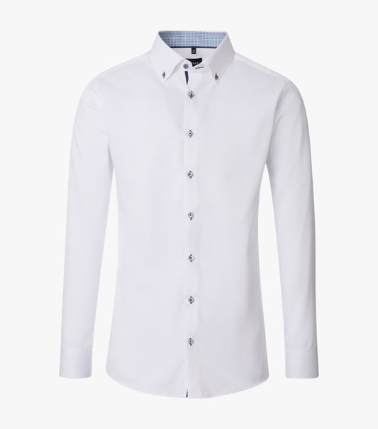 A white long-sleeve button-down dress shirt with a pointed collar and decorative silver-tone buttons, displayed on a clean white background.