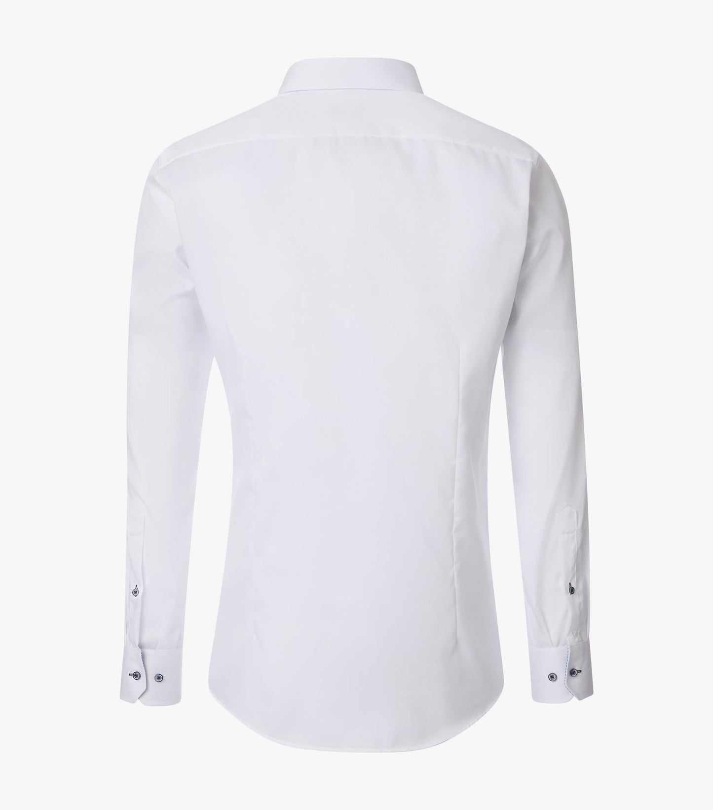 A white long-sleeve button-down shirt shown from the back, featuring a classic collar and button cuffs, displayed on a clean white background.