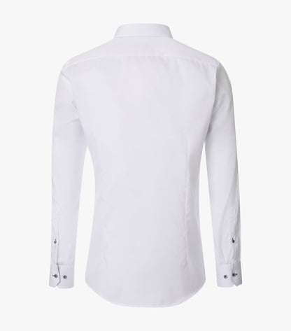 A white long-sleeve button-down shirt shown from the back, featuring a classic collar and button cuffs, displayed on a clean white background.
